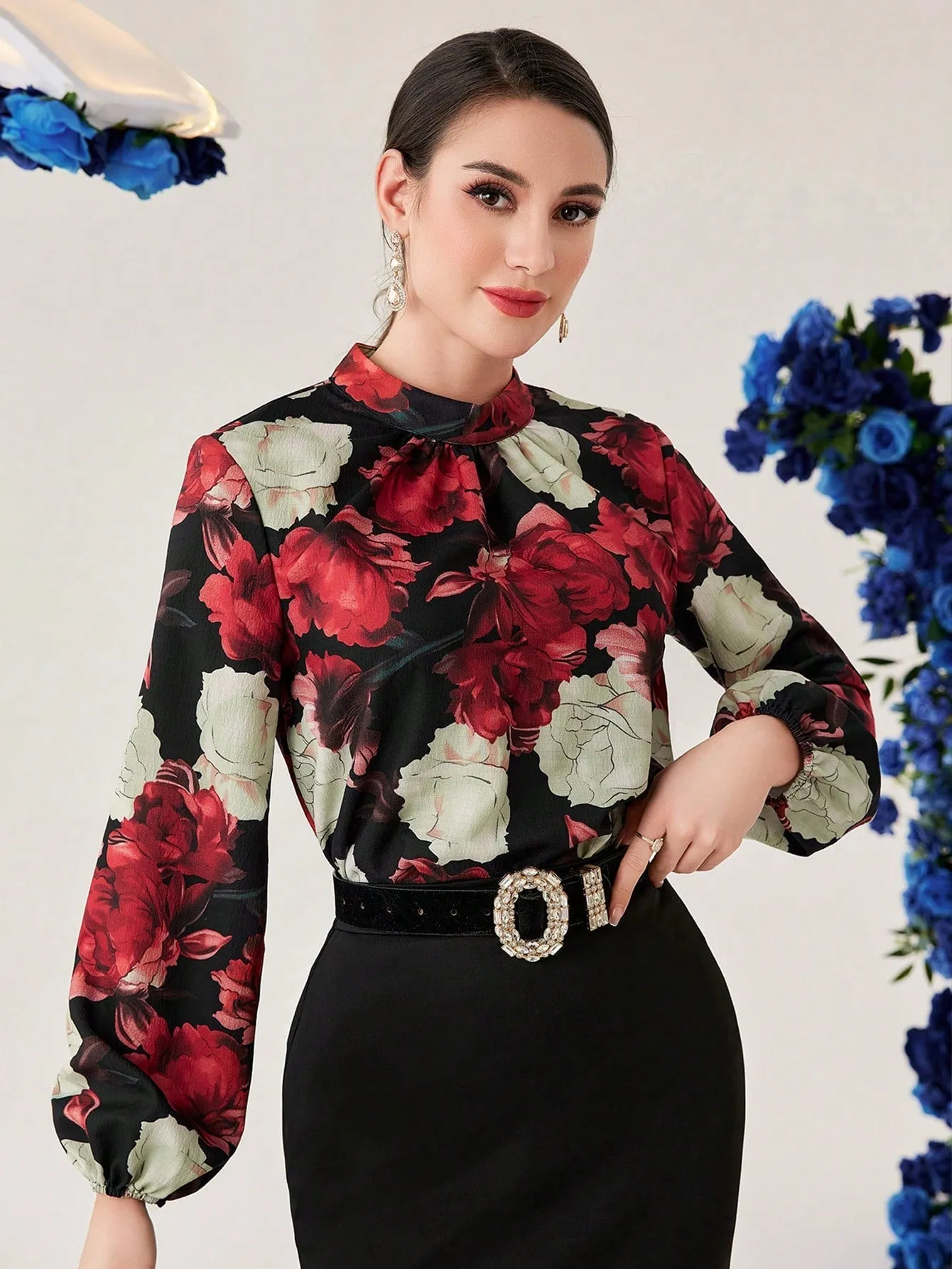 Modely Women's Stand-Collar Flower Print Lantern Sleeve Shirt