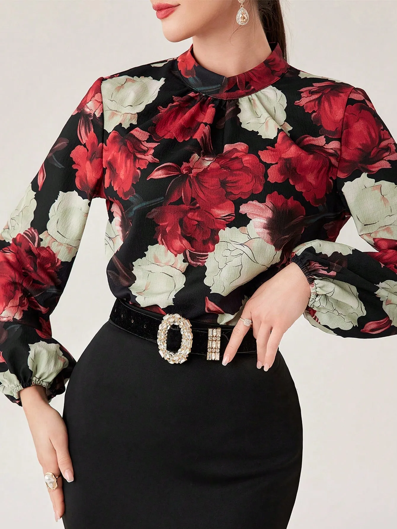 Modely Women's Stand-Collar Flower Print Lantern Sleeve Shirt