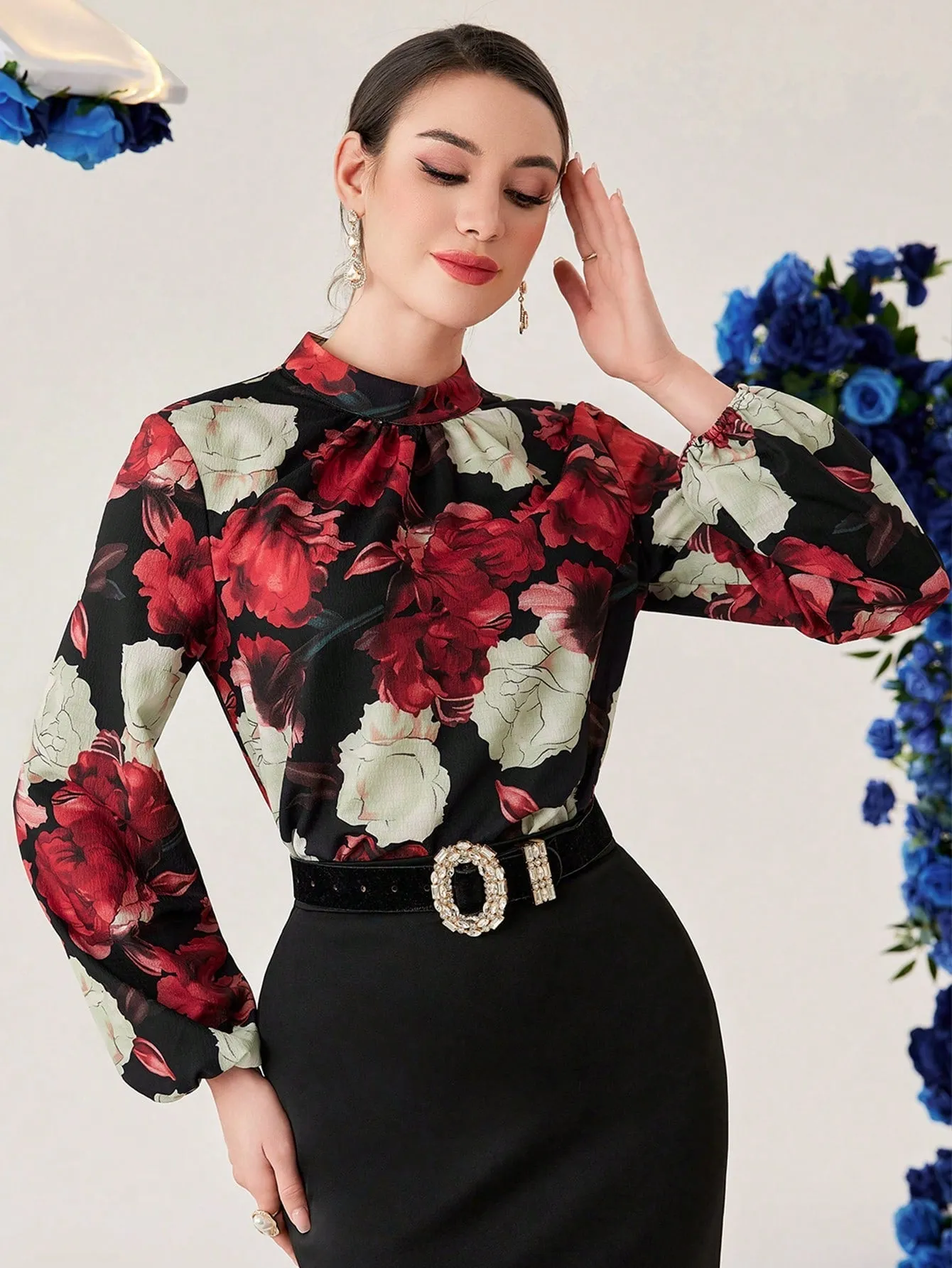 Modely Women's Stand-Collar Flower Print Lantern Sleeve Shirt