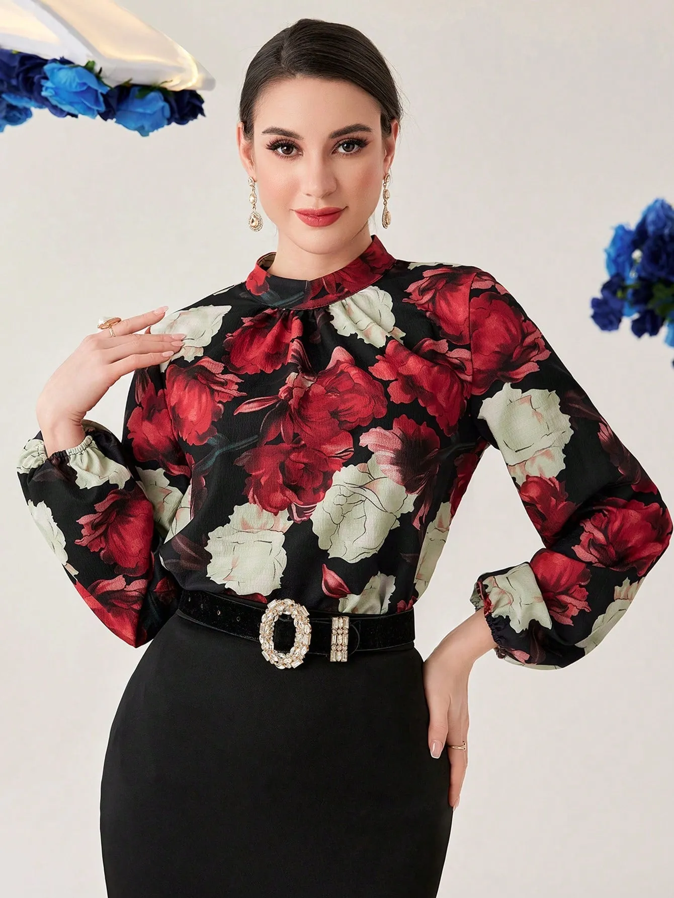 Modely Women's Stand-Collar Flower Print Lantern Sleeve Shirt