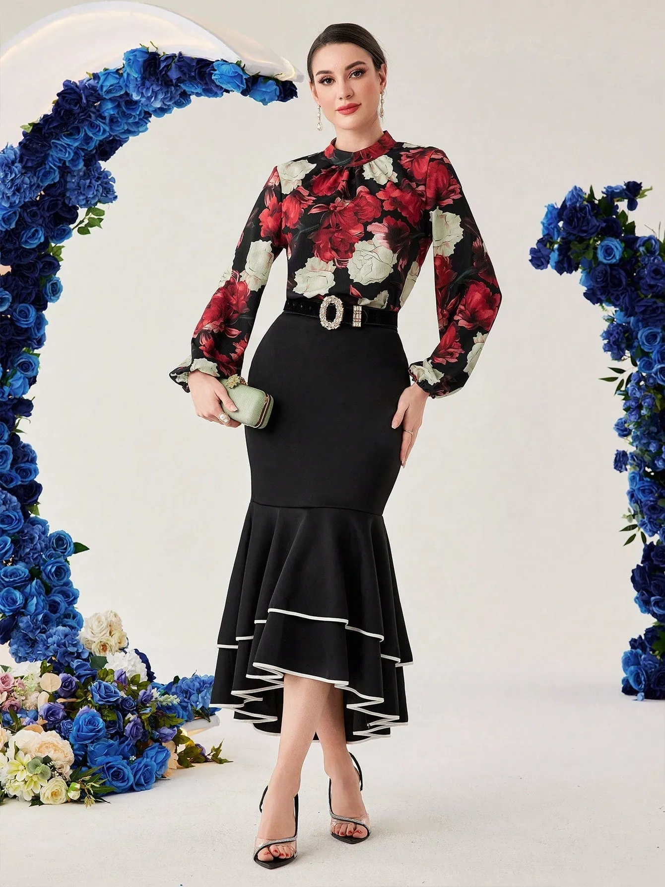 Modely Women's Stand-Collar Flower Print Lantern Sleeve Shirt