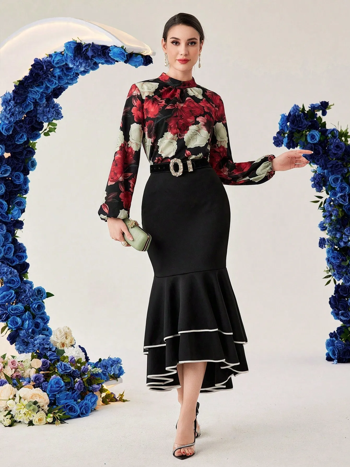 Modely Women's Stand-Collar Flower Print Lantern Sleeve Shirt