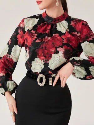 Modely Women's Stand-Collar Flower Print Lantern Sleeve Shirt