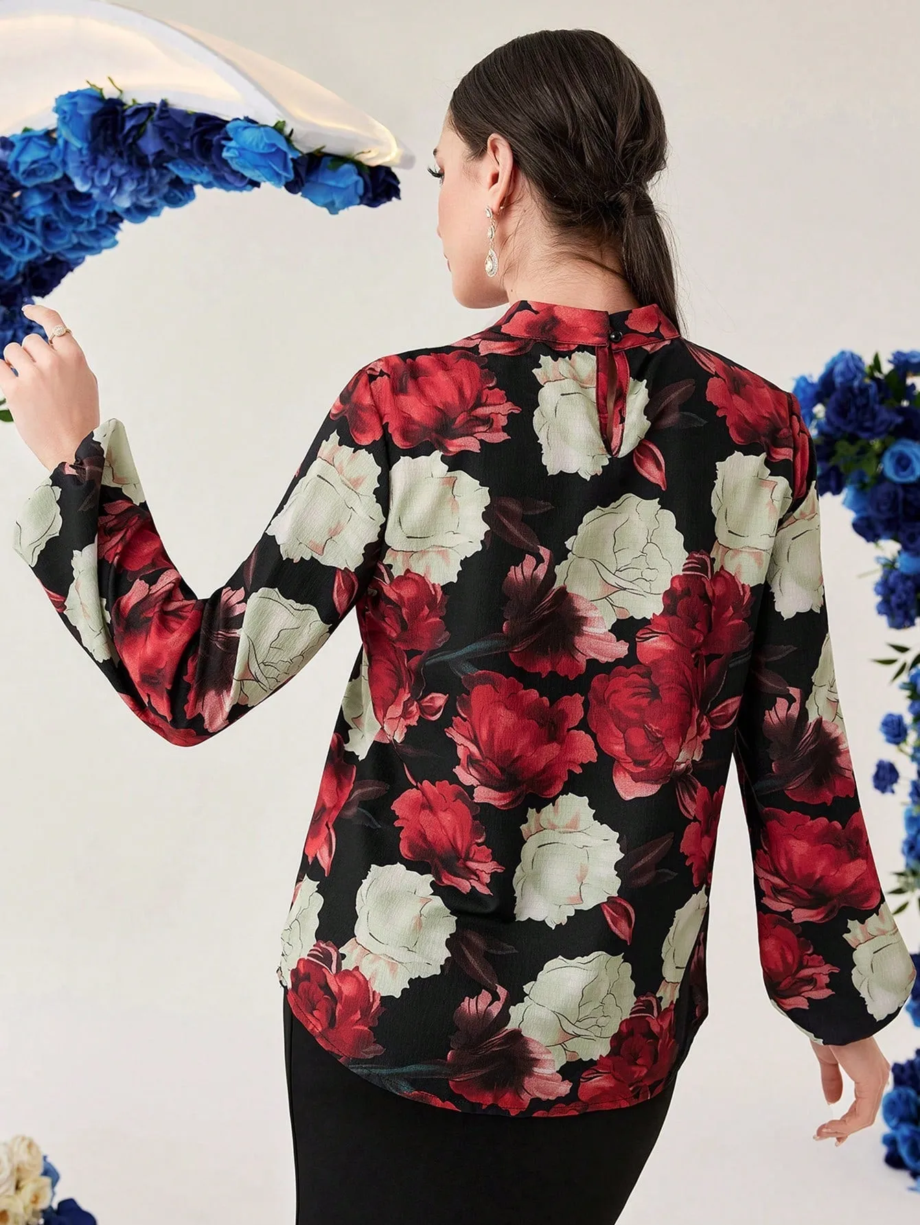 Modely Women's Stand-Collar Flower Print Lantern Sleeve Shirt