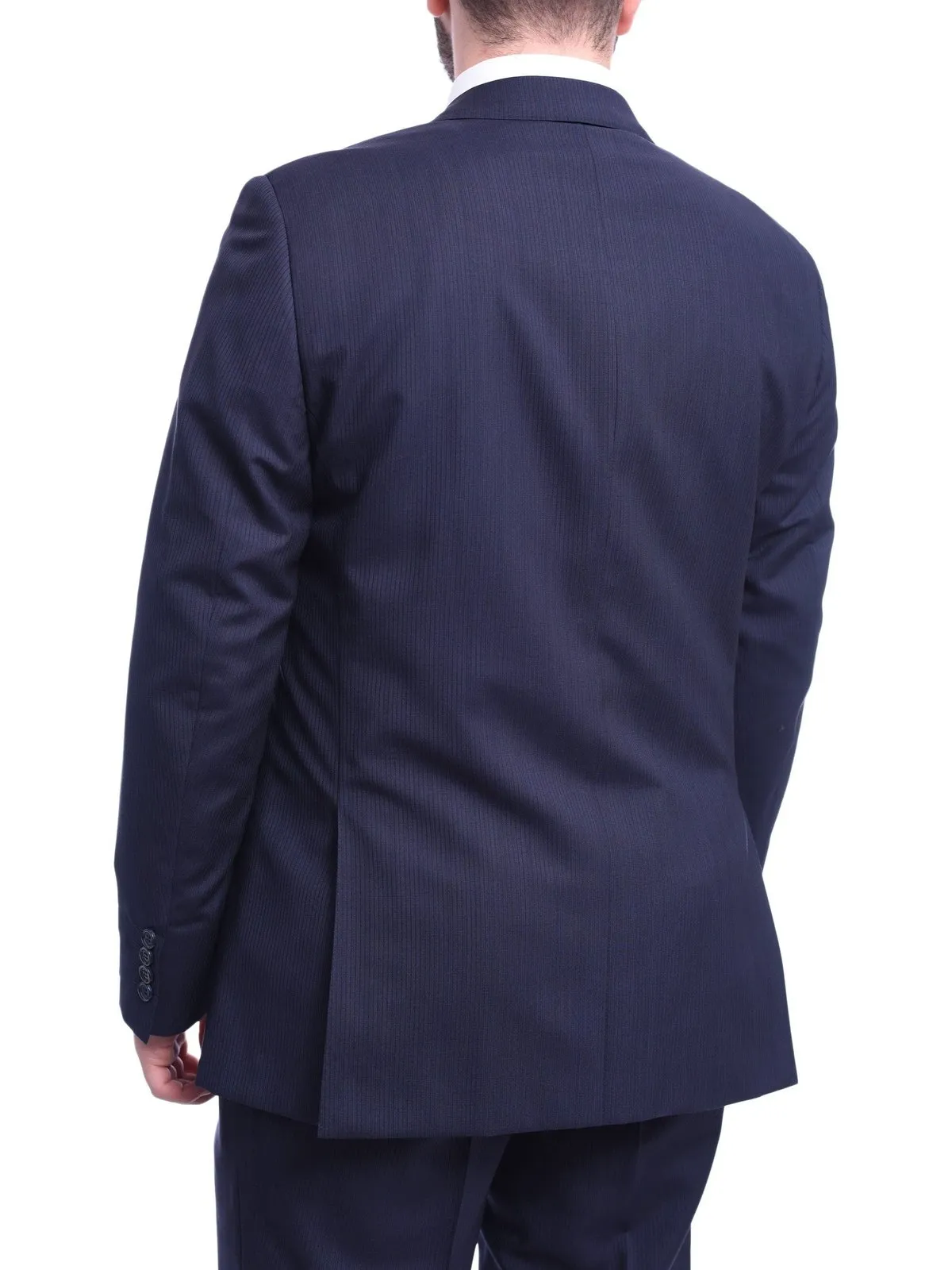 Napoli Classic Fit Navy Blue Tonal Striped Half Canvassed Guabello Wool Suit