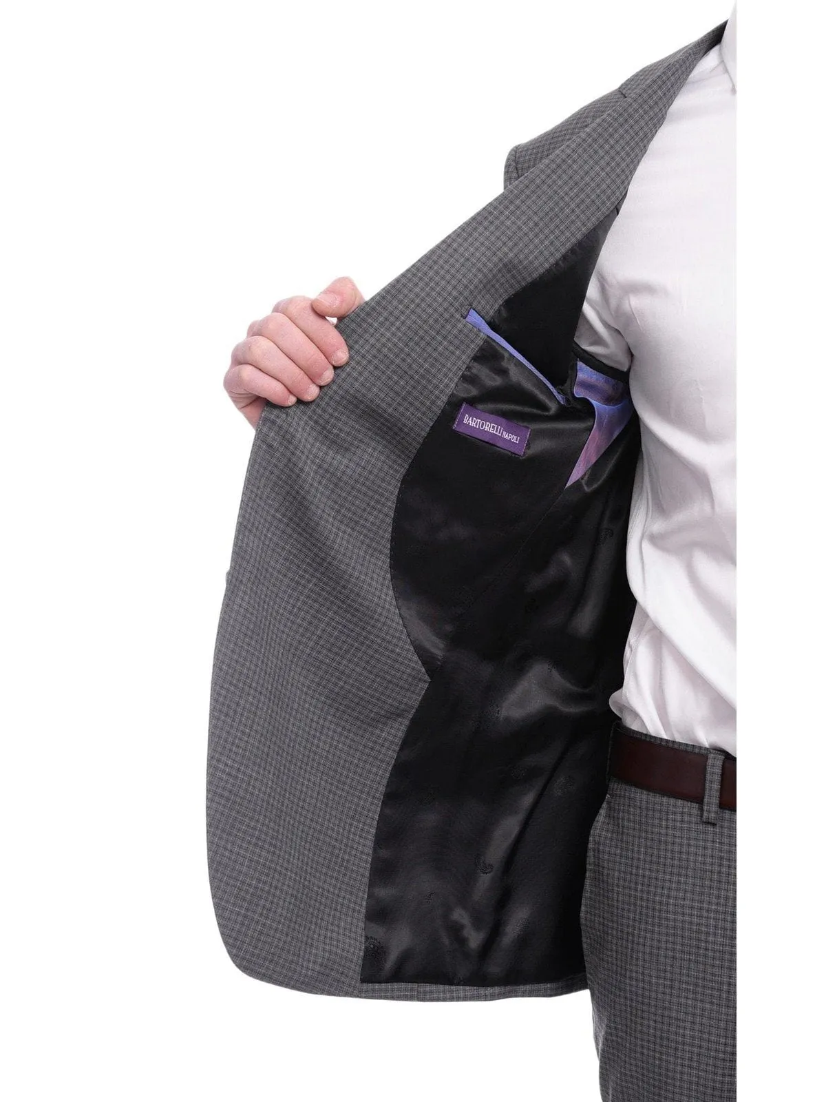 Napoli Slim Fit Gray Check Half Canvassed Marzotto Wool Suit Slanted Pockets