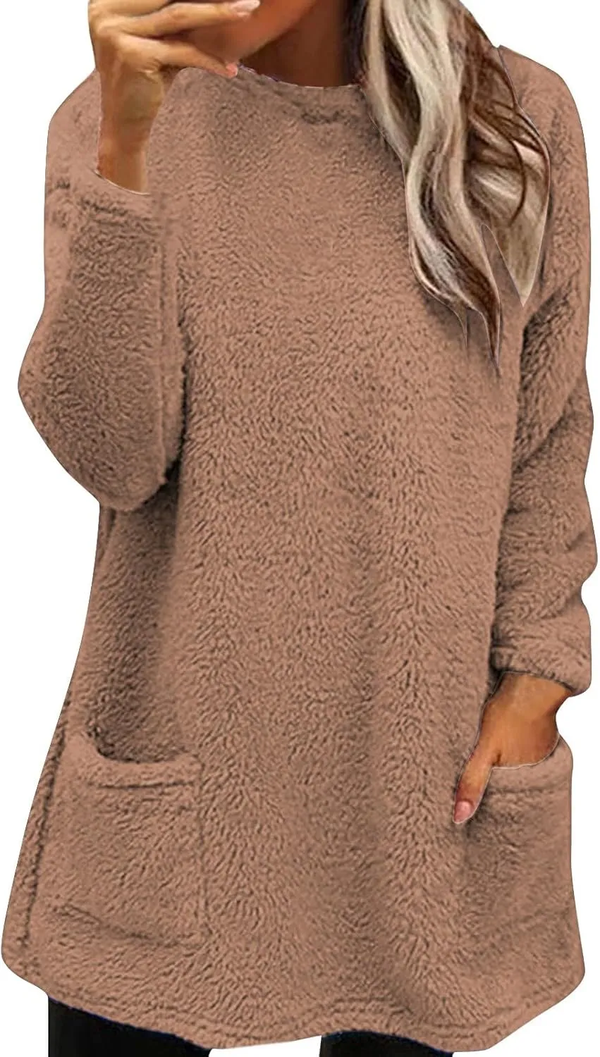 Oversized Fuzzy Fleece Sweatshirts for Women Fashion 2025 Parka Warm Outerwear Letter Print Loungewear with Pockets
