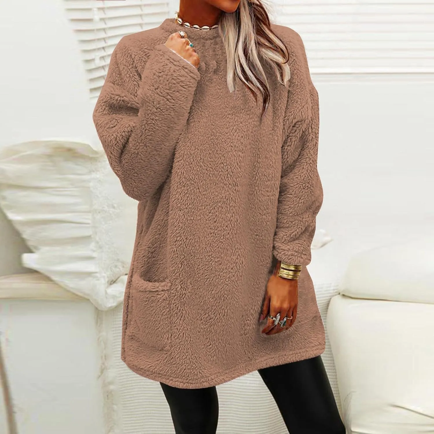 Oversized Fuzzy Fleece Sweatshirts for Women Fashion 2025 Parka Warm Outerwear Letter Print Loungewear with Pockets