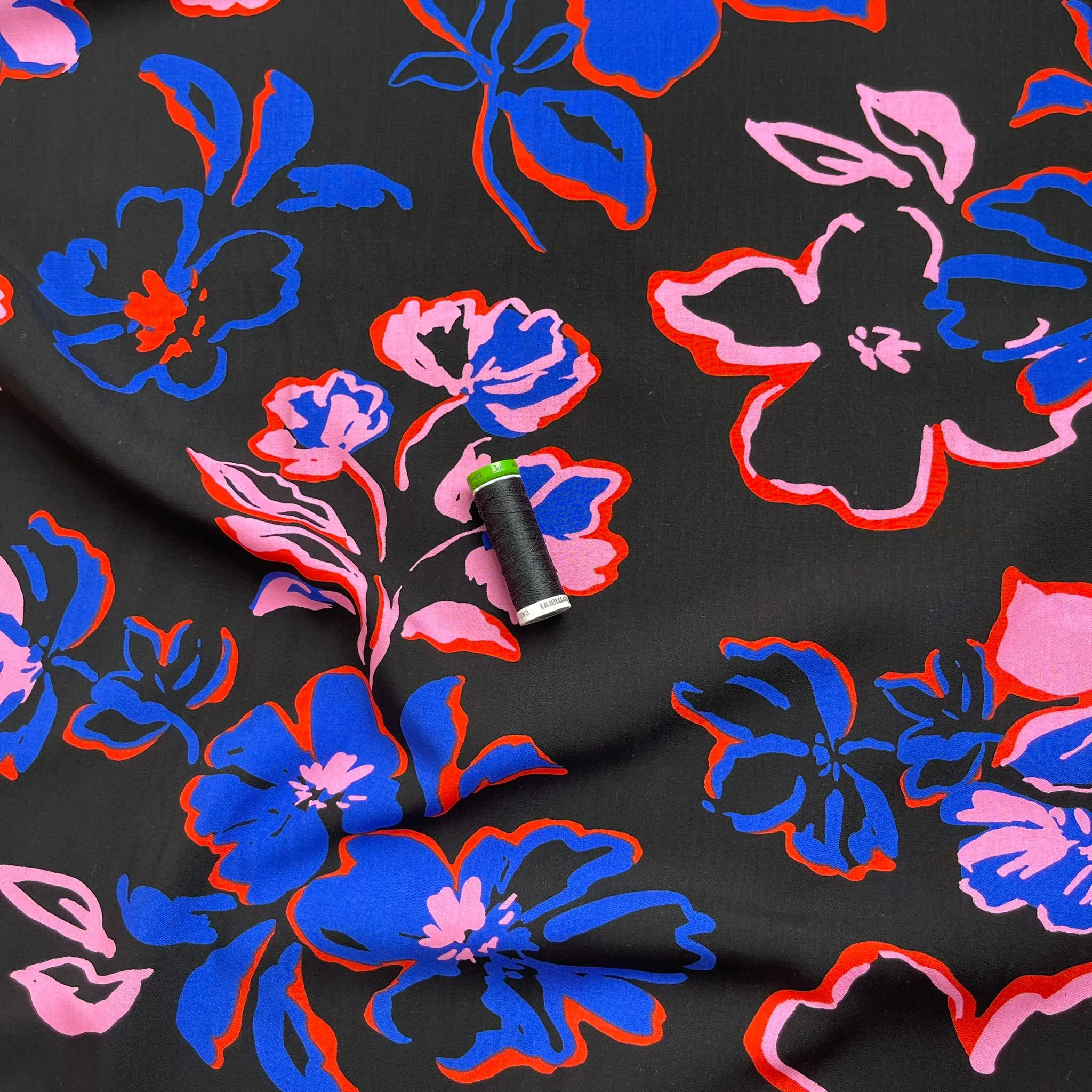 Painted Blooms on Black LENZING™ ECOVERO™ Viscose Fabric