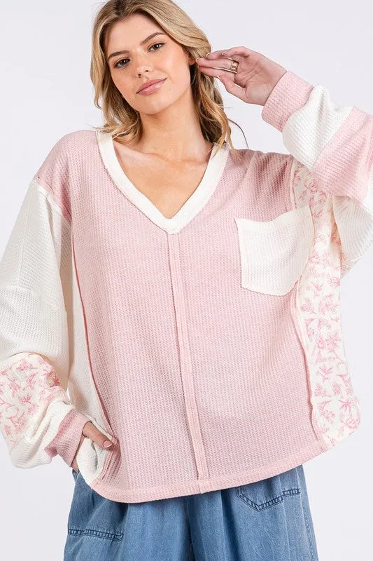 Pink Perfection Floral V-Neck Waffle Knit Top