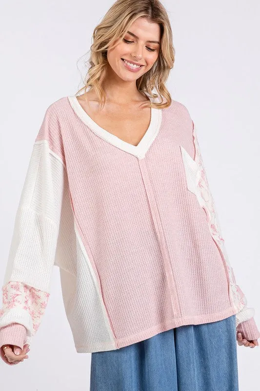 Pink Perfection Floral V-Neck Waffle Knit Top