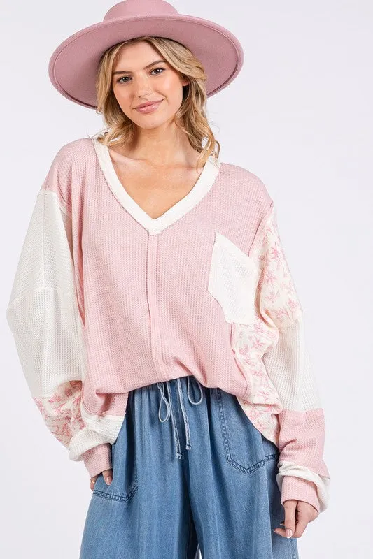 Pink Perfection Floral V-Neck Waffle Knit Top