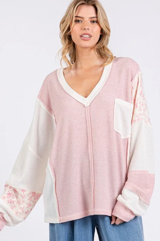 Pink Perfection Floral V-Neck Waffle Knit Top