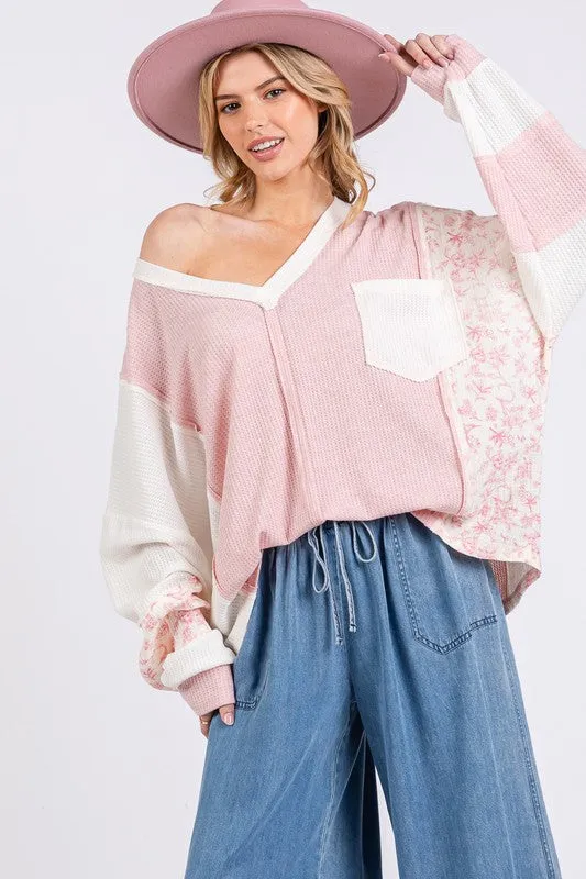 Pink Perfection Floral V-Neck Waffle Knit Top