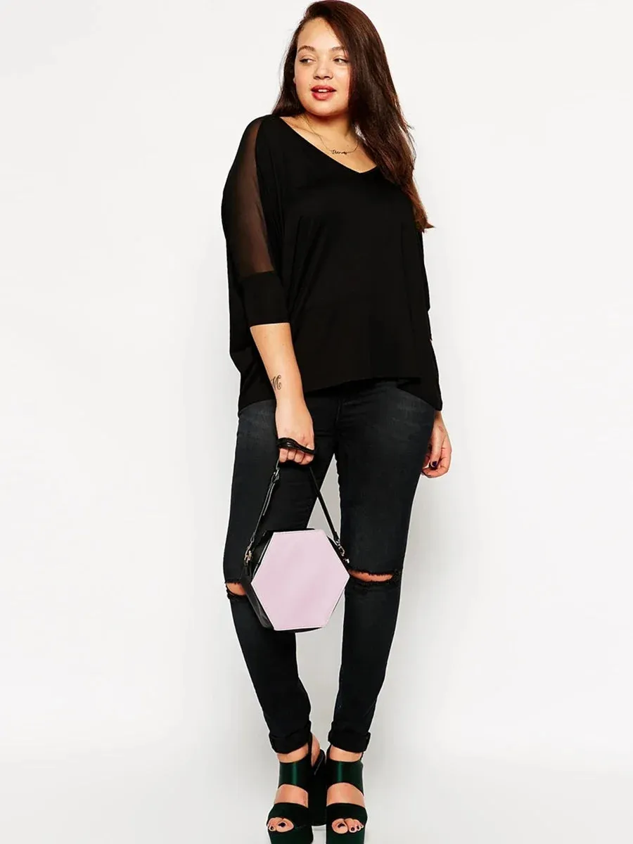 Plus Size Summer Elegant Loose Blouse Women 3/4 Batwing Sleeve Mesh Panel Black Loose Oversize Top Large Size Casual T-shirt 6XL