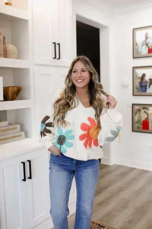 POL V-Neck Long Sleeve Flower Fringe Sweater