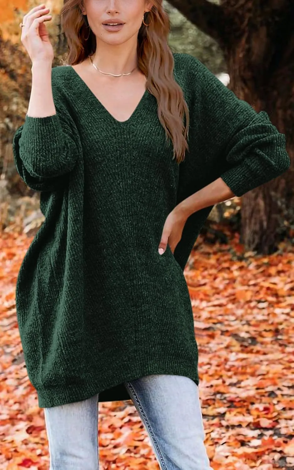 PRETTYGARDEN Women's Pullover Sweater Dress Casual Long Sleeve Ribbed Knit V Neck Loose Oversized Sweaters Dresses