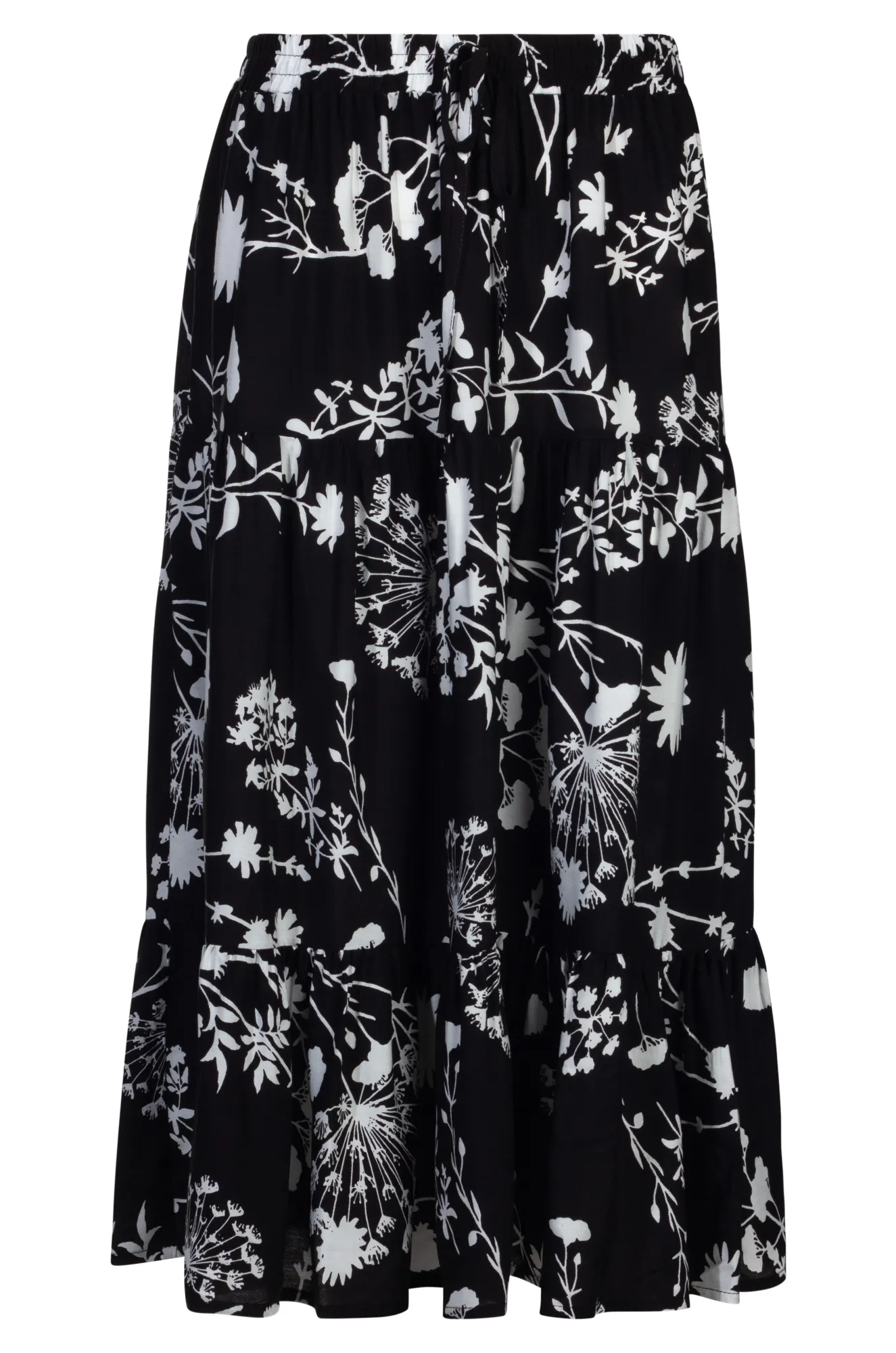 Pull on elastic waist Tiered Skirt | BLACK WHITE SPRIG | 3367A1