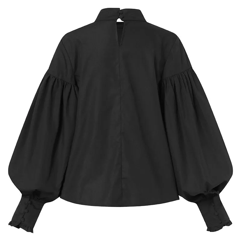 Purpdrank - Fashion Women Big Lantern Sleeve Blouses Elegant Office Blusas Autumn Stand Collar Work Casual Solid Vintage Tops