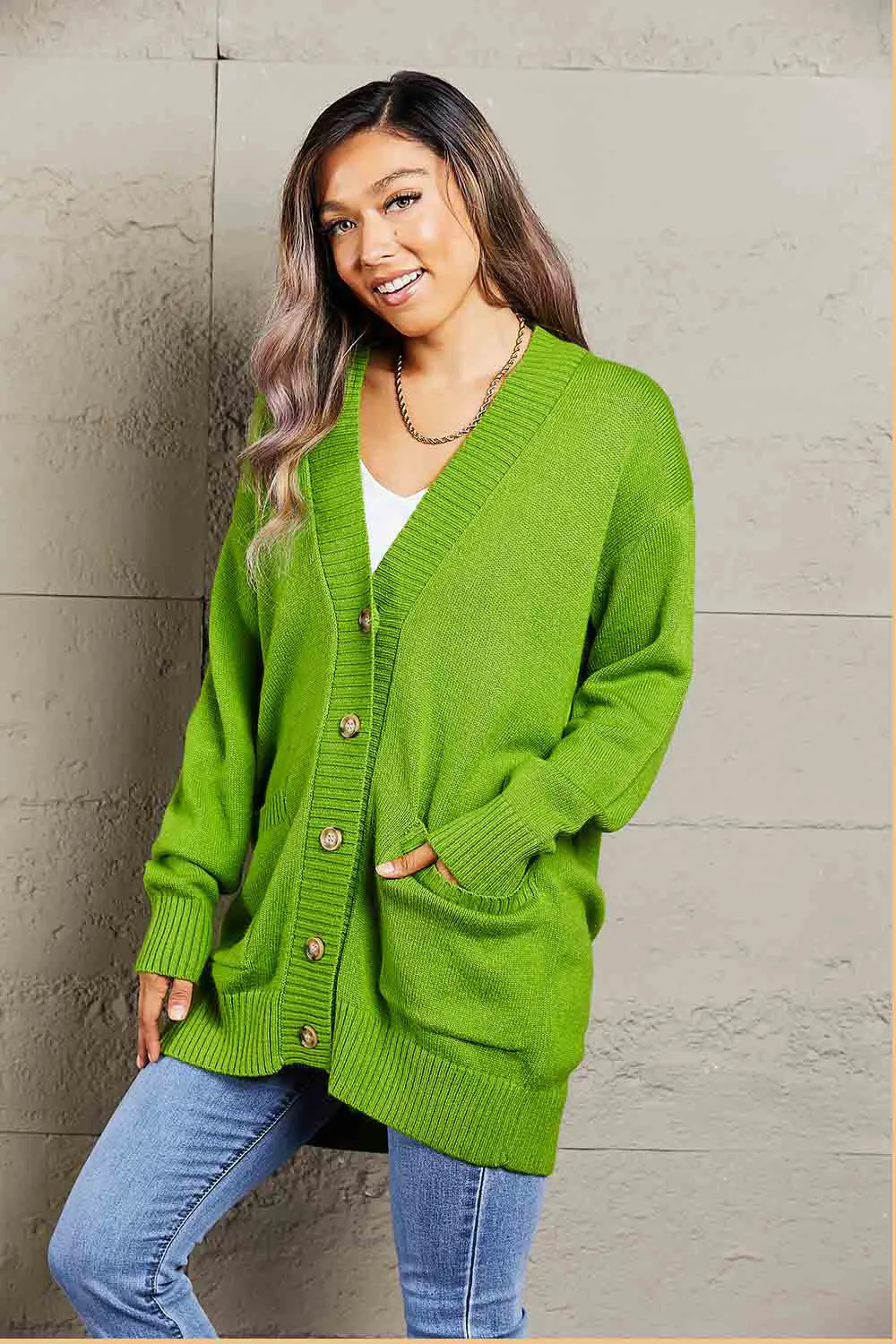 Ribbed Trim Dropped Shoulder Pocketed Cardigan