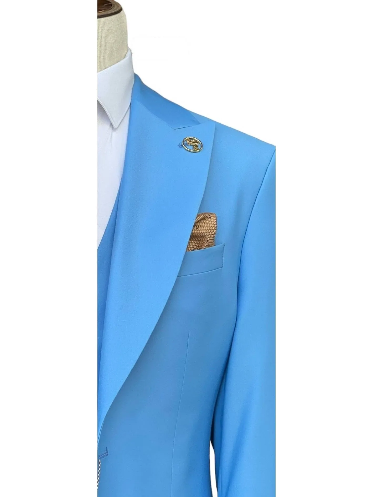 Romaster Mens Solid Light Blue Wool Blend 3 Piece Slim Fit Suit With Peak Lapels