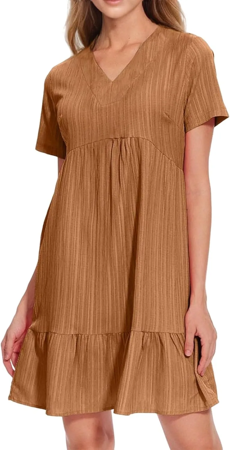 Short Dresses for Women Casual Summer Mini Dress V Neck Short Sleeve T Shirt Dress Tiered A Line Flowy Beach Sundress