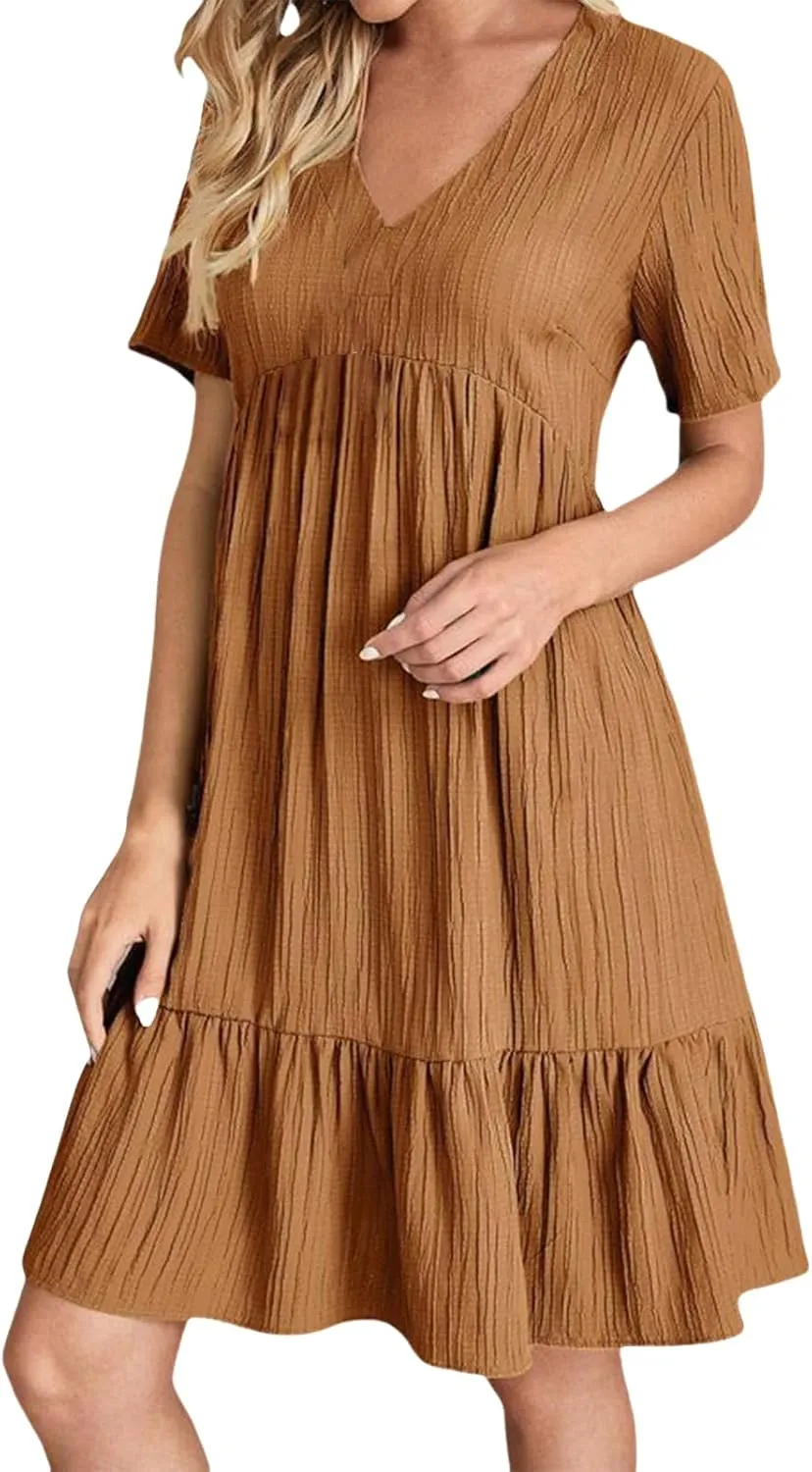 Short Dresses for Women Casual Summer Mini Dress V Neck Short Sleeve T Shirt Dress Tiered A Line Flowy Beach Sundress