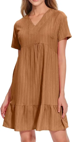 Short Dresses for Women Casual Summer Mini Dress V Neck Short Sleeve T Shirt Dress Tiered A Line Flowy Beach Sundress