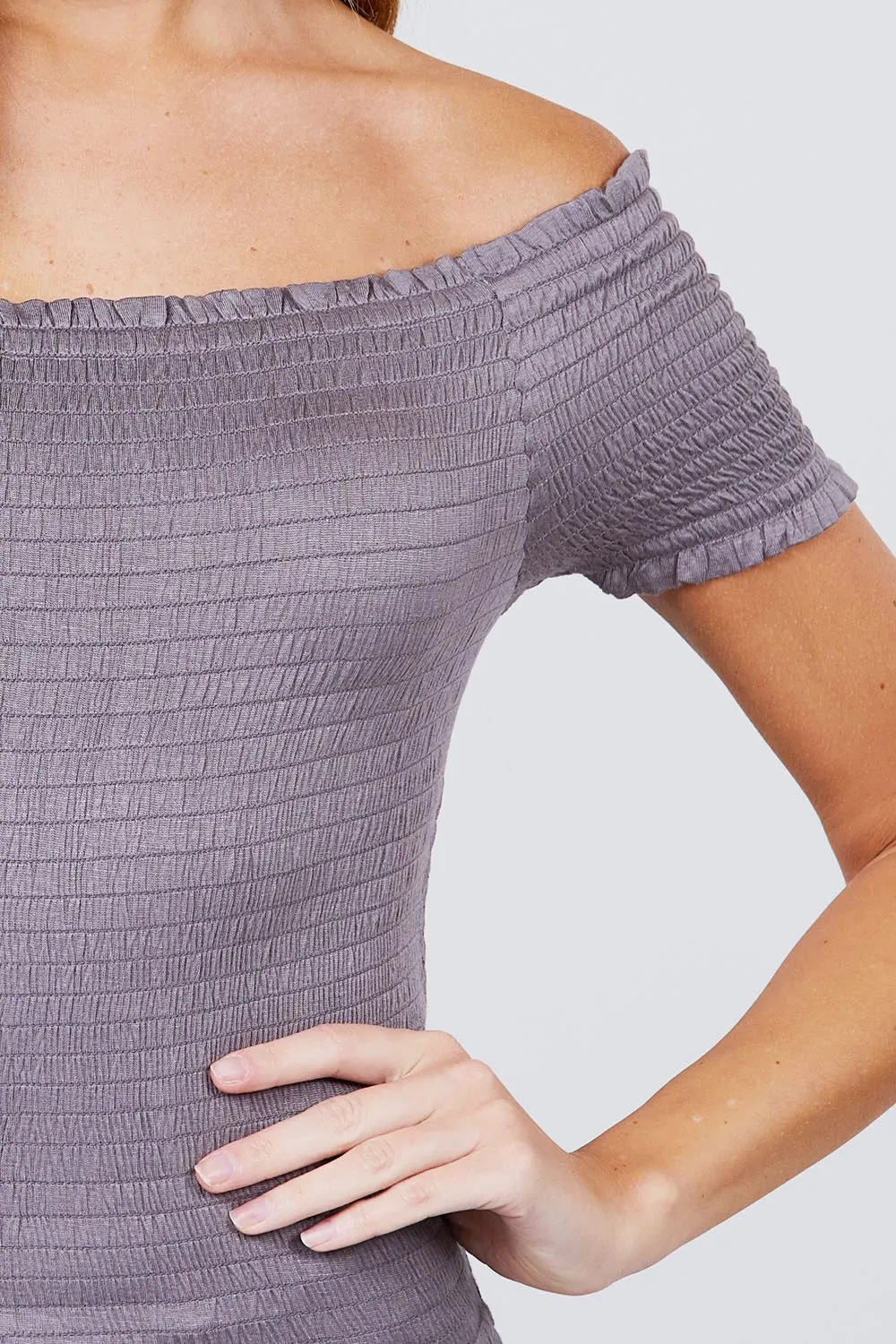 Short Sleeve Off The Shoulder Smocked Rayon Spandex Top in Silver Grey