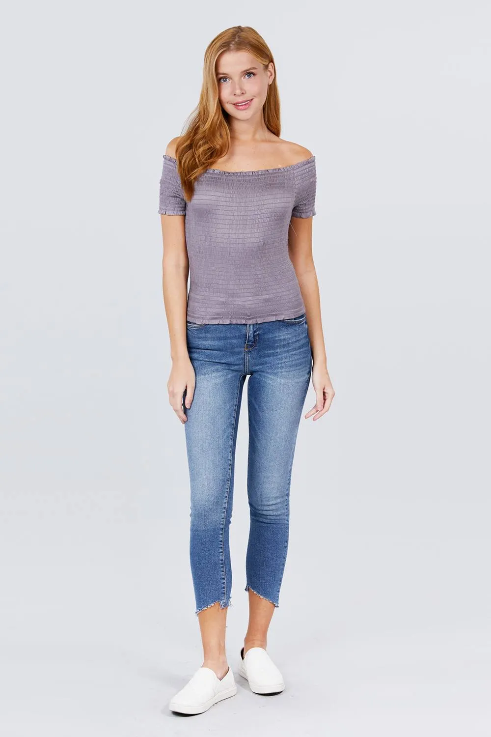 Short Sleeve Off The Shoulder Smocked Rayon Spandex Top in Silver Grey
