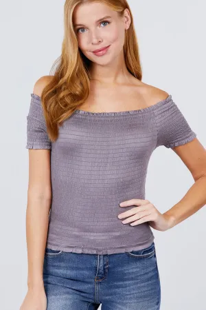 Short Sleeve Off The Shoulder Smocked Rayon Spandex Top in Silver Grey