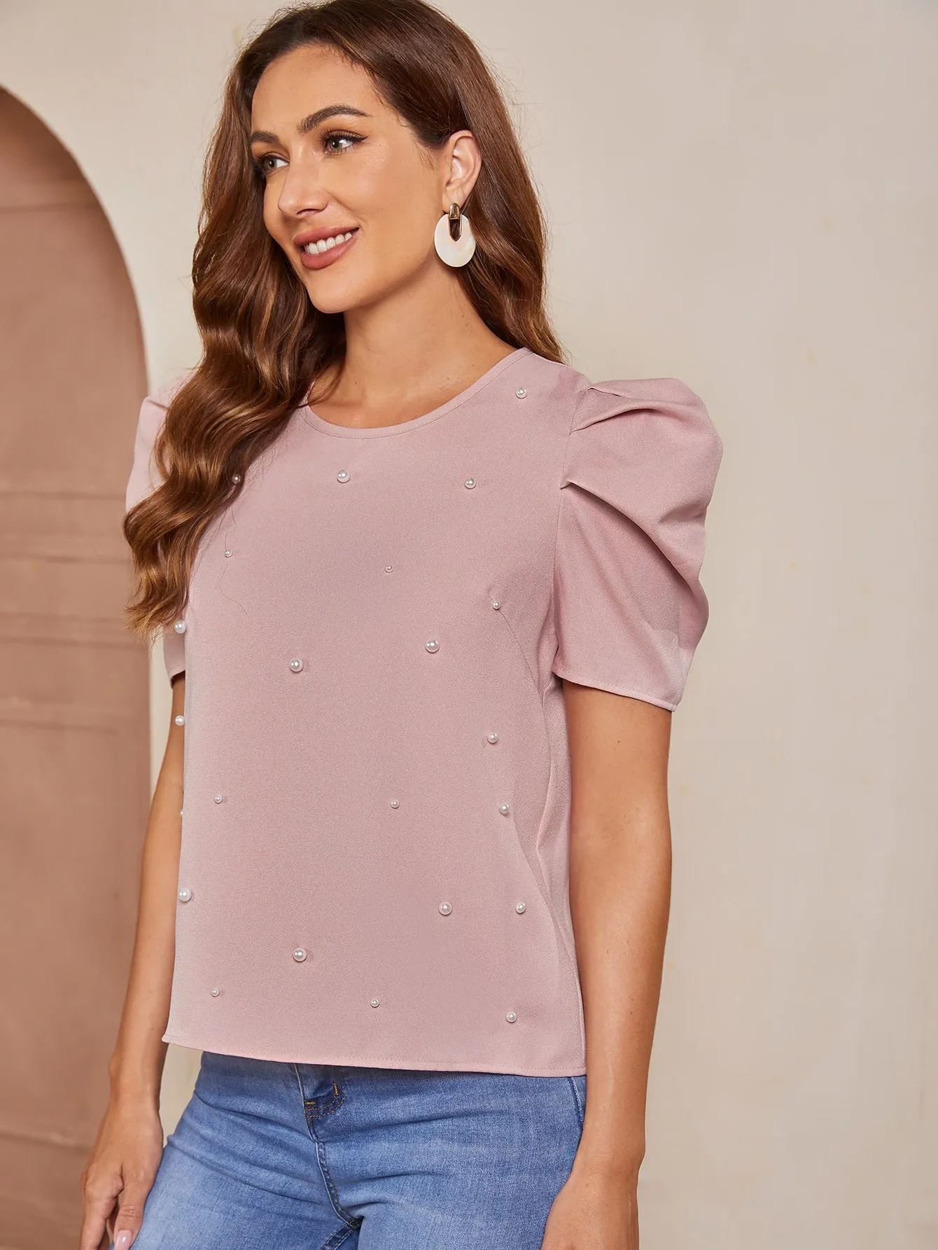 Solid Puff Sleeve Pearls Beaded Top