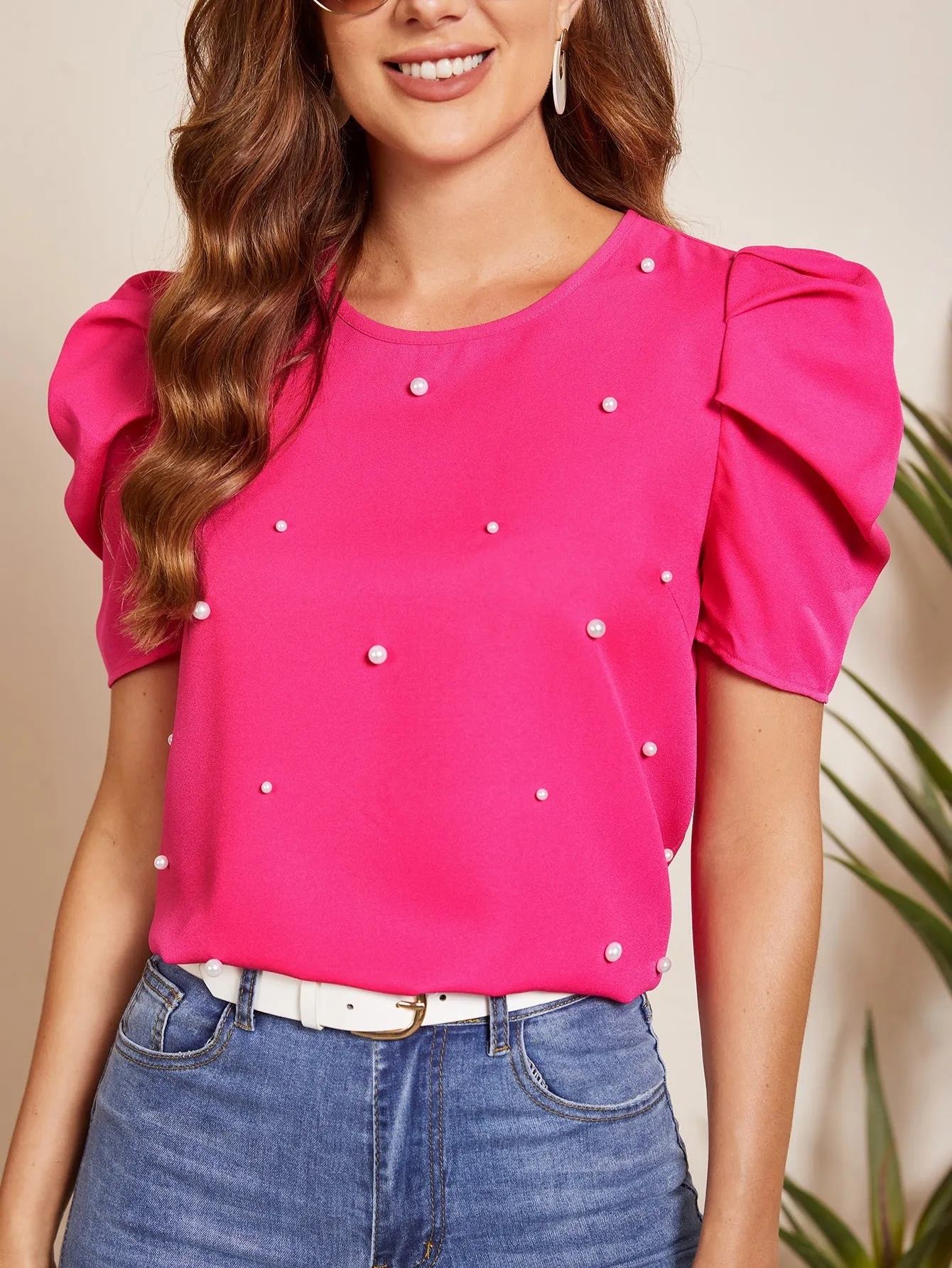 Solid Puff Sleeve Pearls Beaded Top
