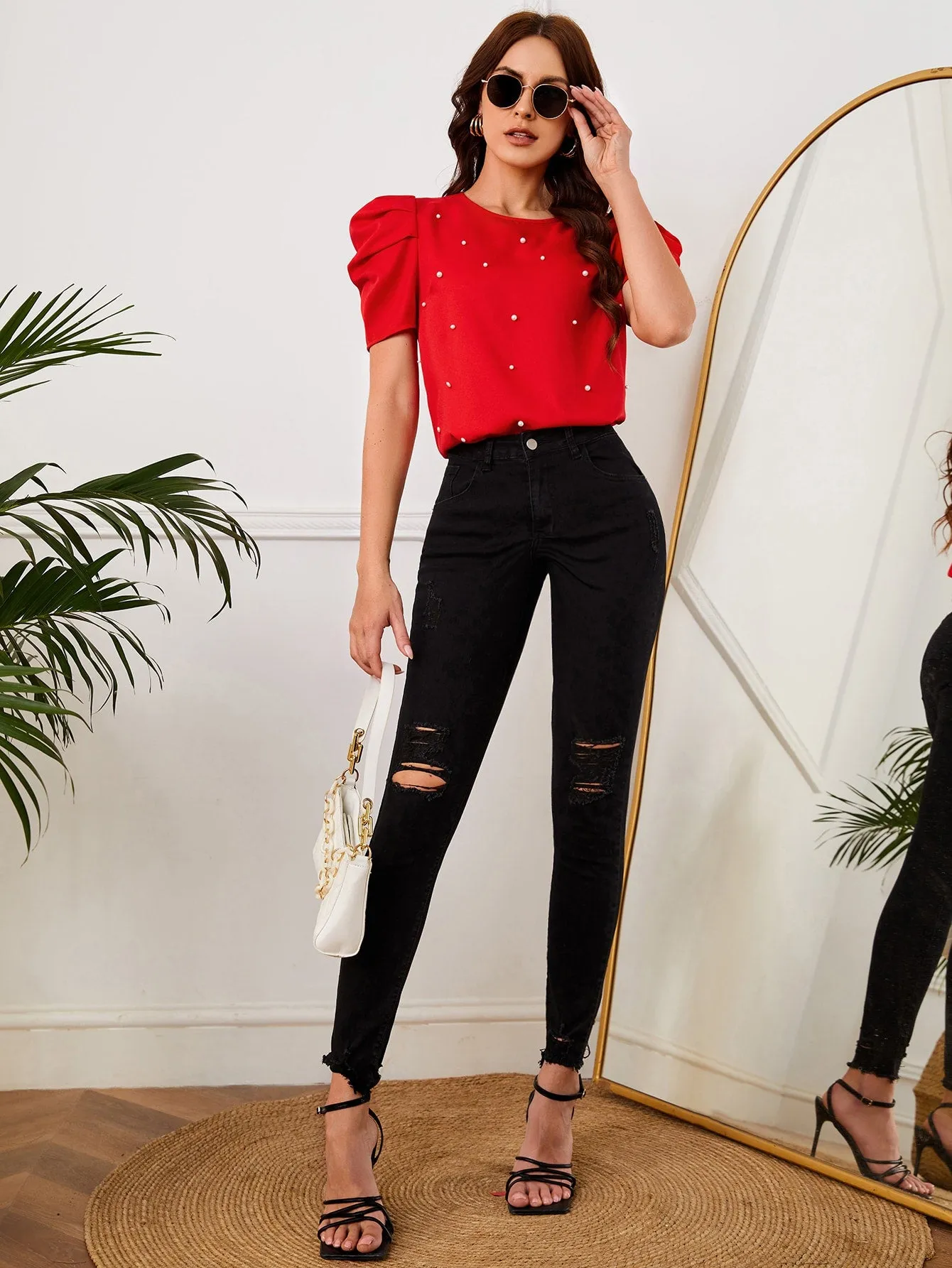 Solid Puff Sleeve Pearls Beaded Top