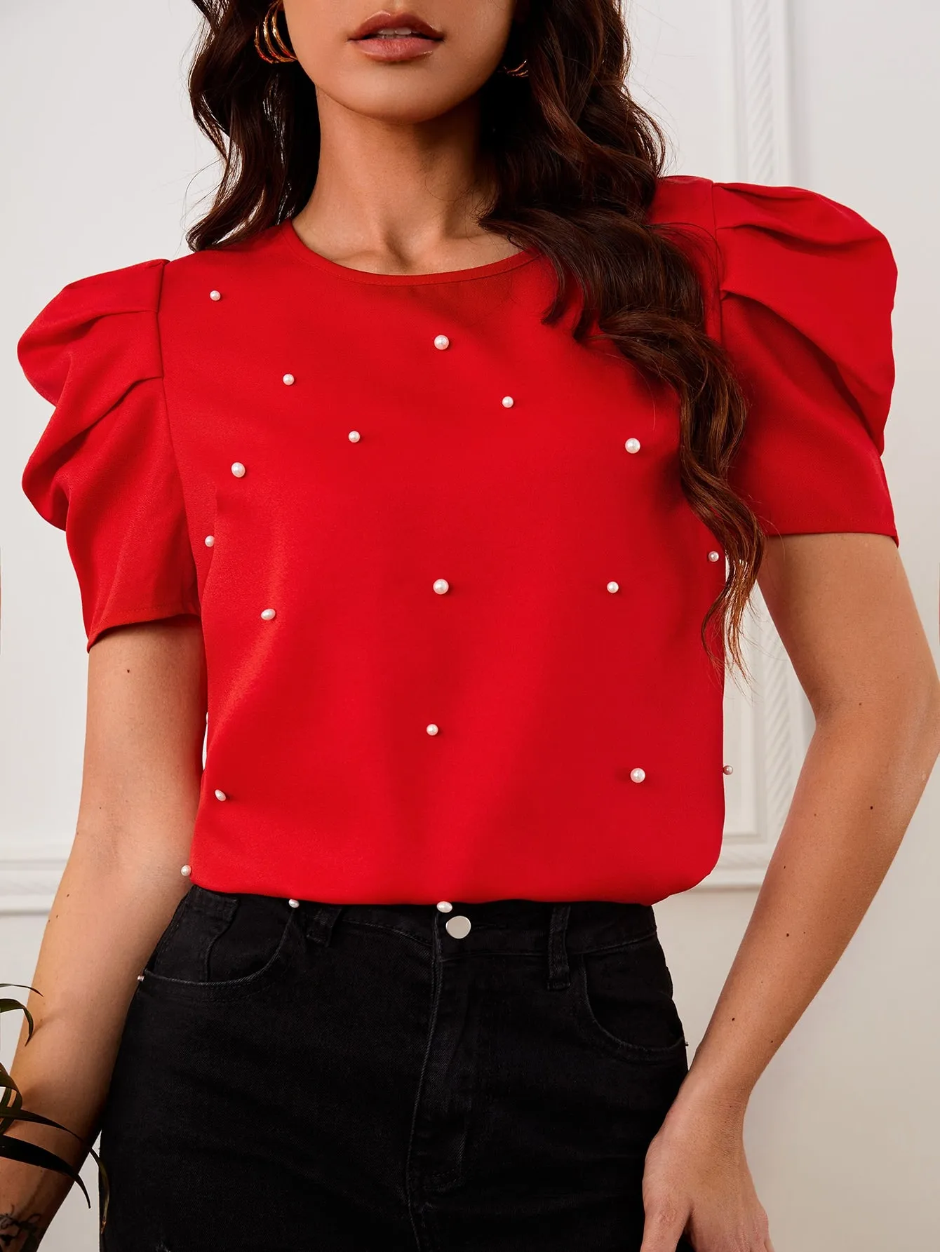 Solid Puff Sleeve Pearls Beaded Top