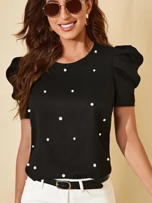 Solid Puff Sleeve Pearls Beaded Top