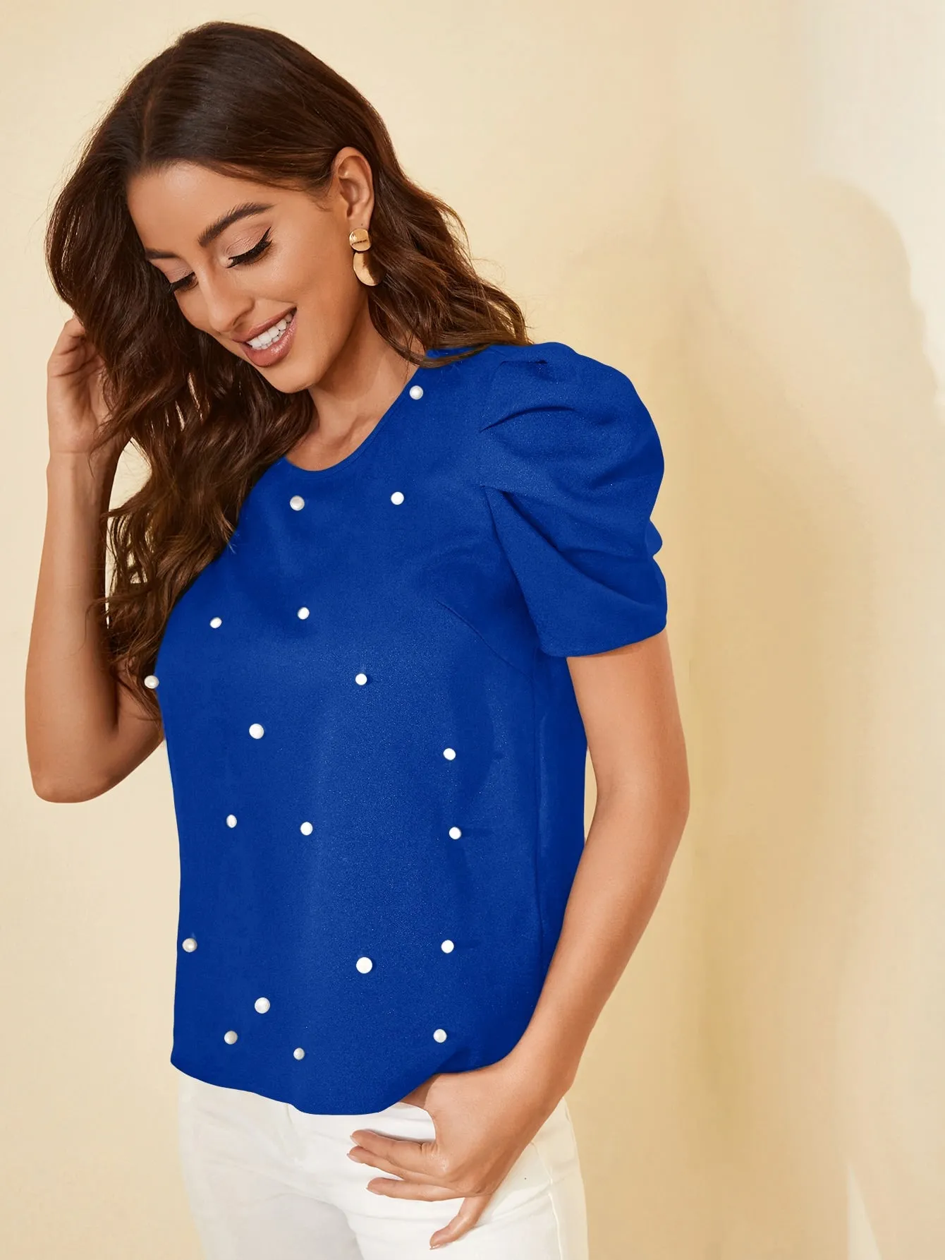 Solid Puff Sleeve Pearls Beaded Top