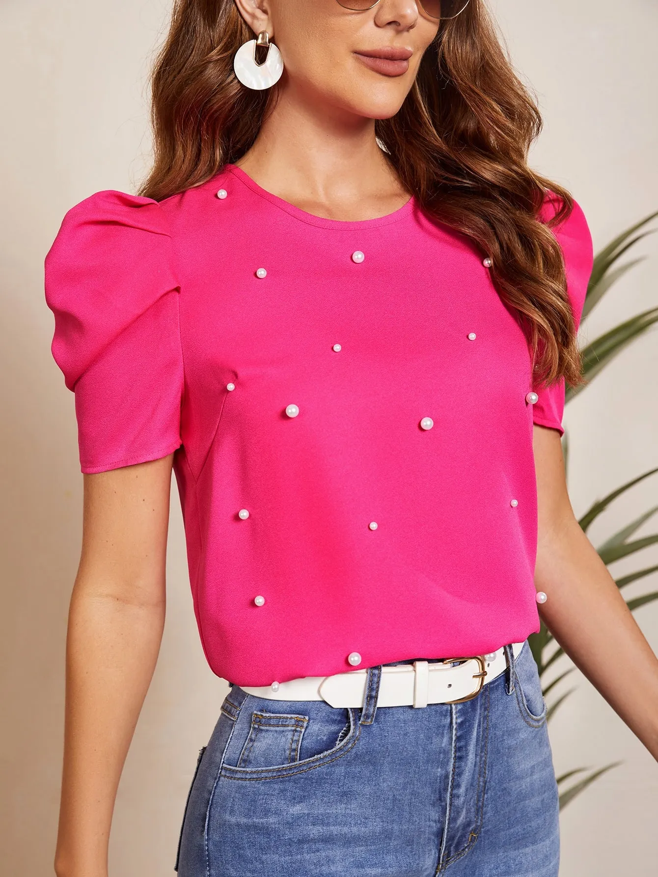 Solid Puff Sleeve Pearls Beaded Top
