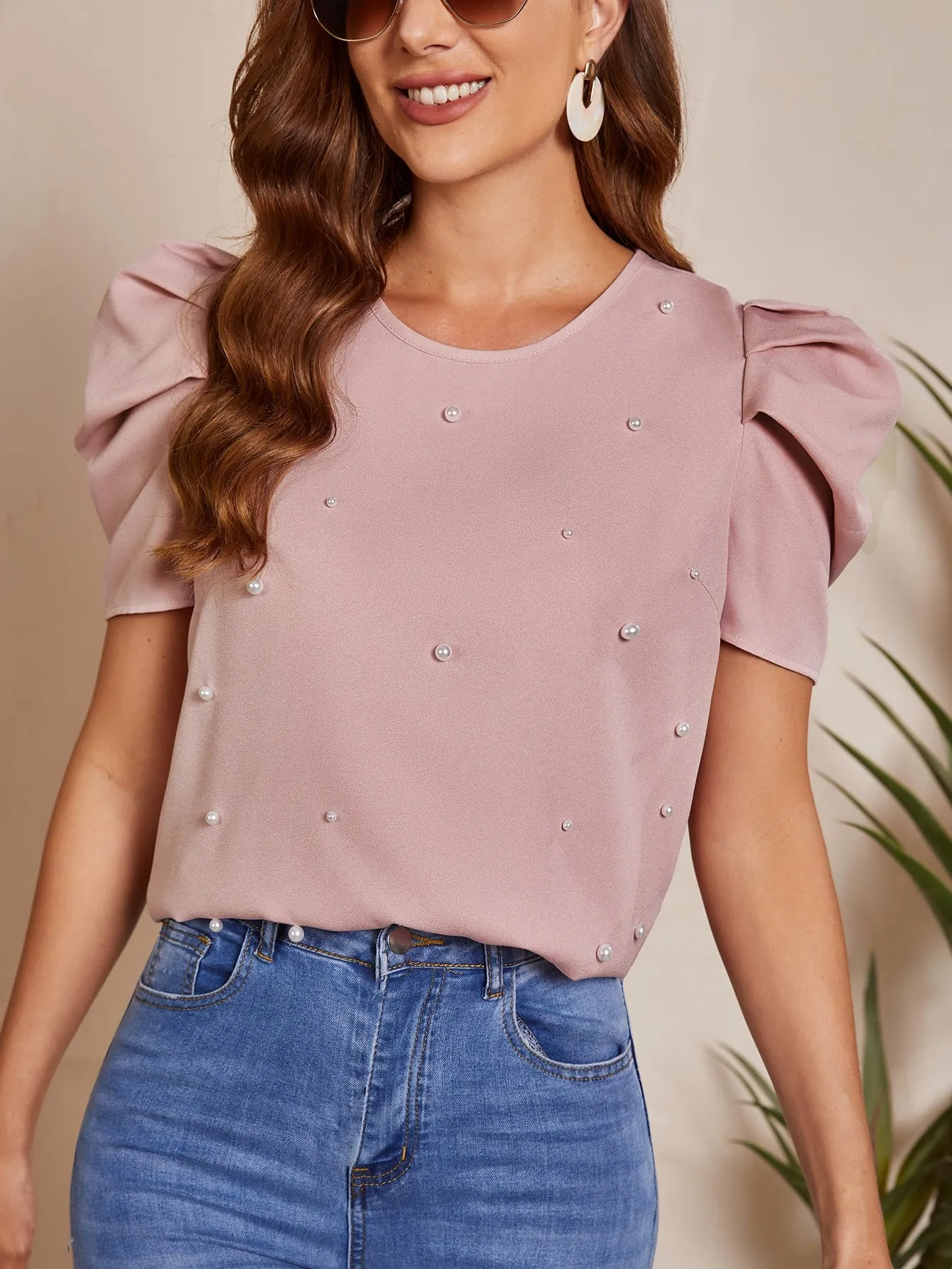 Solid Puff Sleeve Pearls Beaded Top