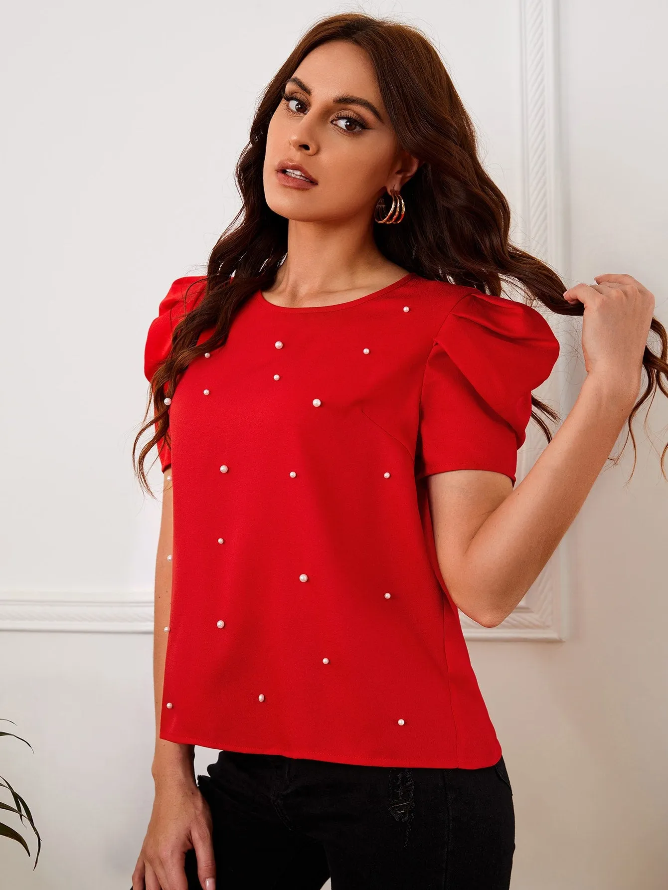 Solid Puff Sleeve Pearls Beaded Top