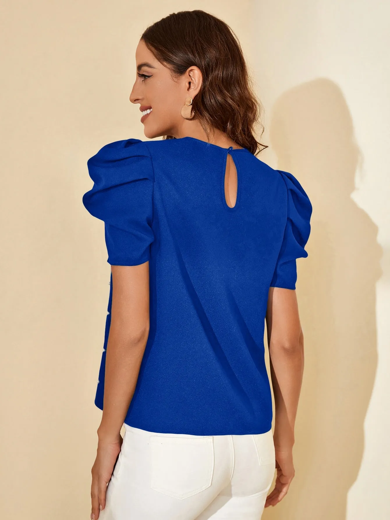 Solid Puff Sleeve Pearls Beaded Top