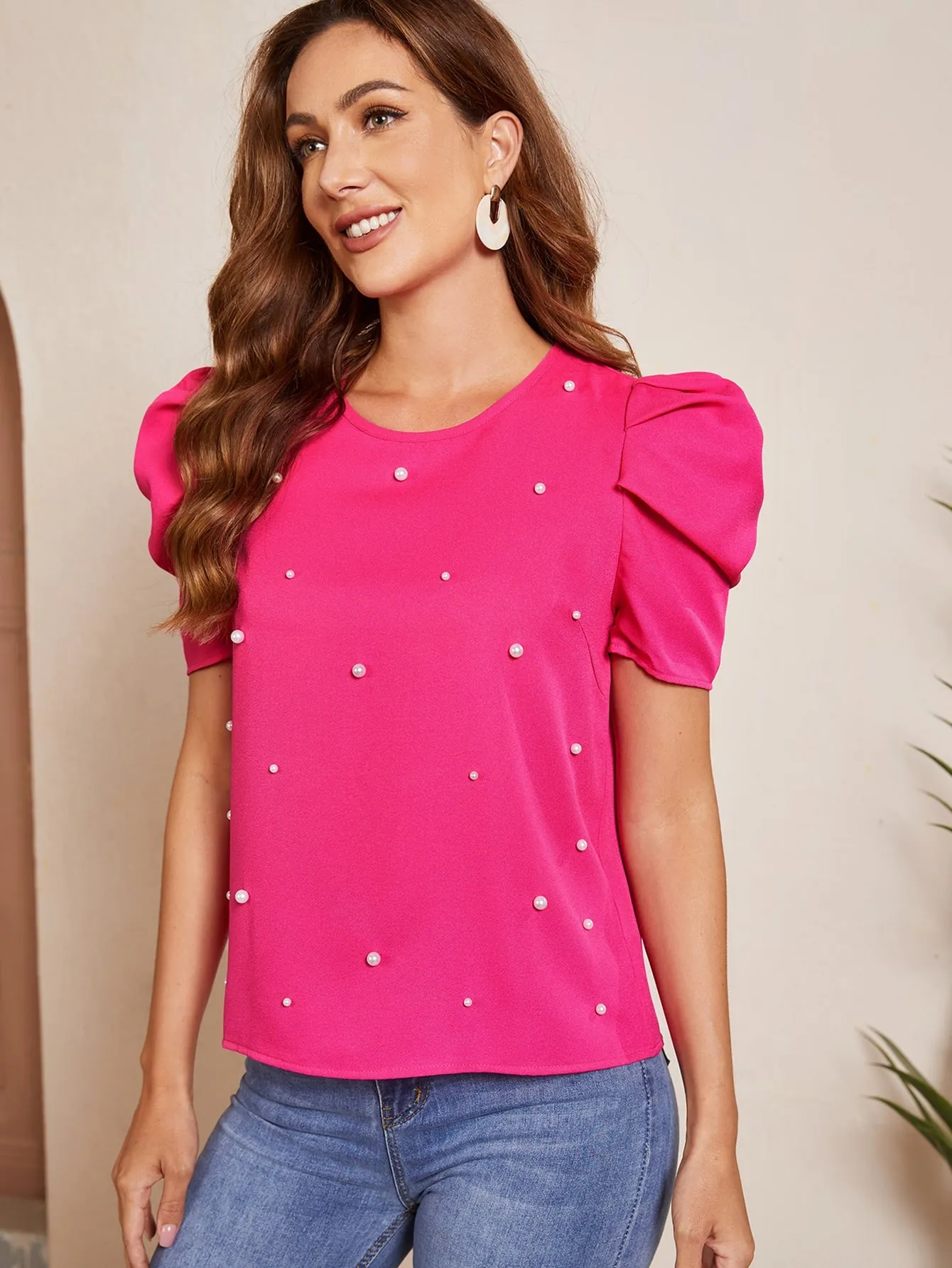 Solid Puff Sleeve Pearls Beaded Top