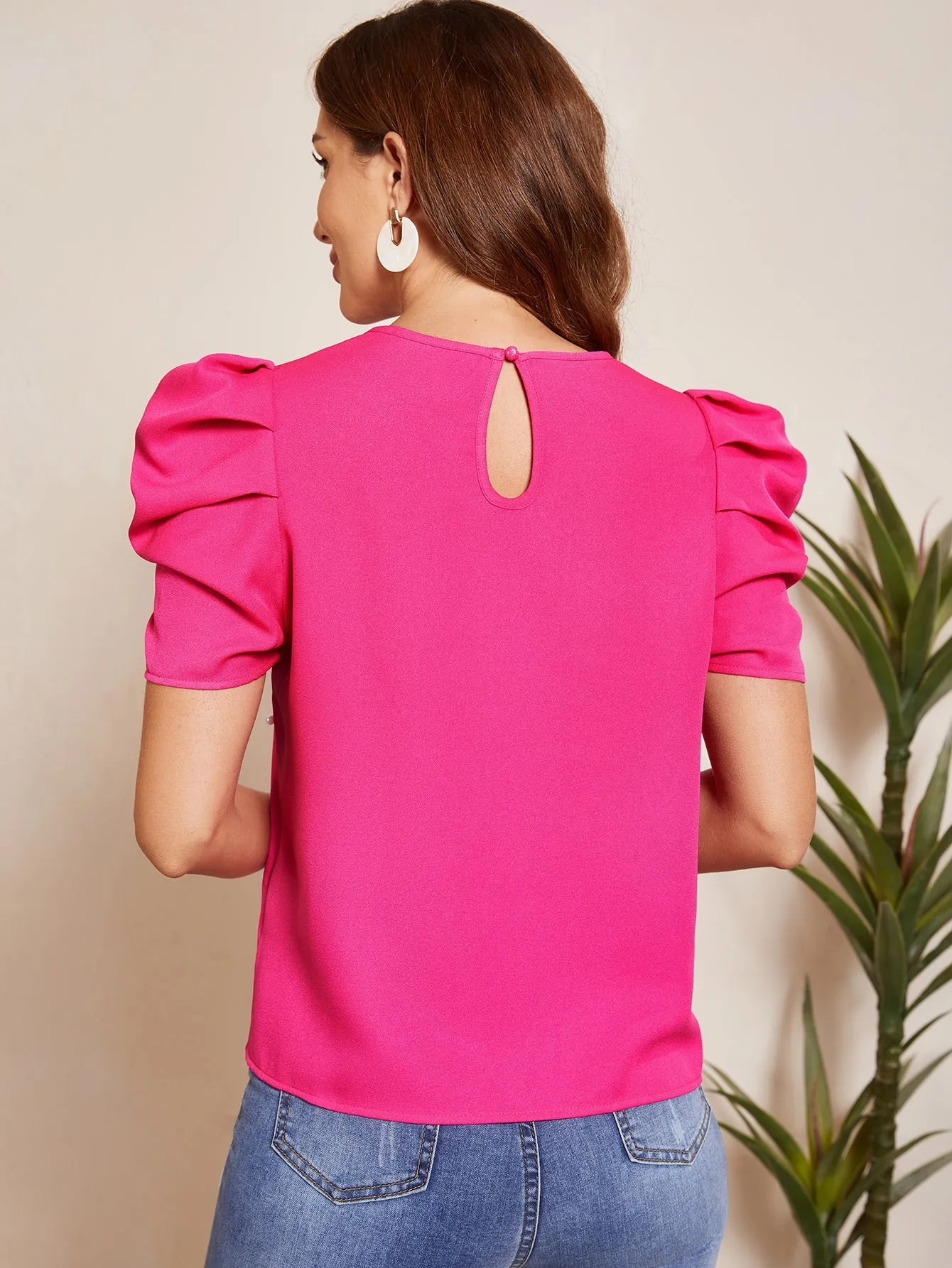 Solid Puff Sleeve Pearls Beaded Top