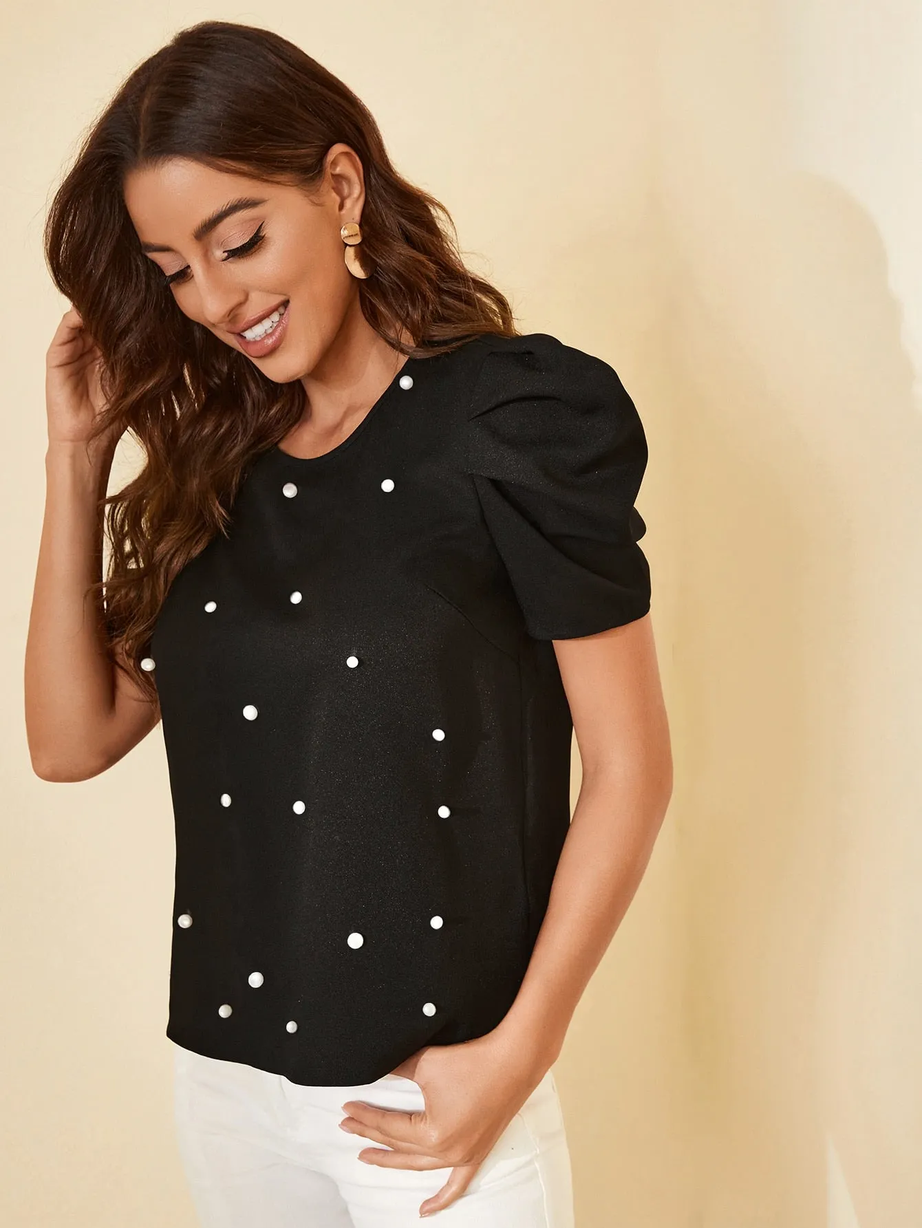 Solid Puff Sleeve Pearls Beaded Top