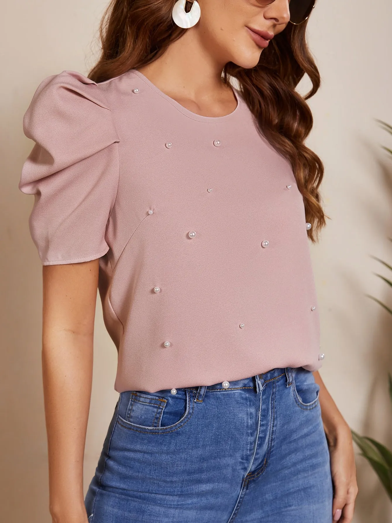 Solid Puff Sleeve Pearls Beaded Top
