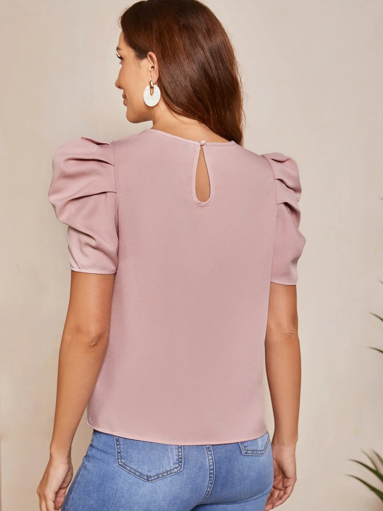 Solid Puff Sleeve Pearls Beaded Top