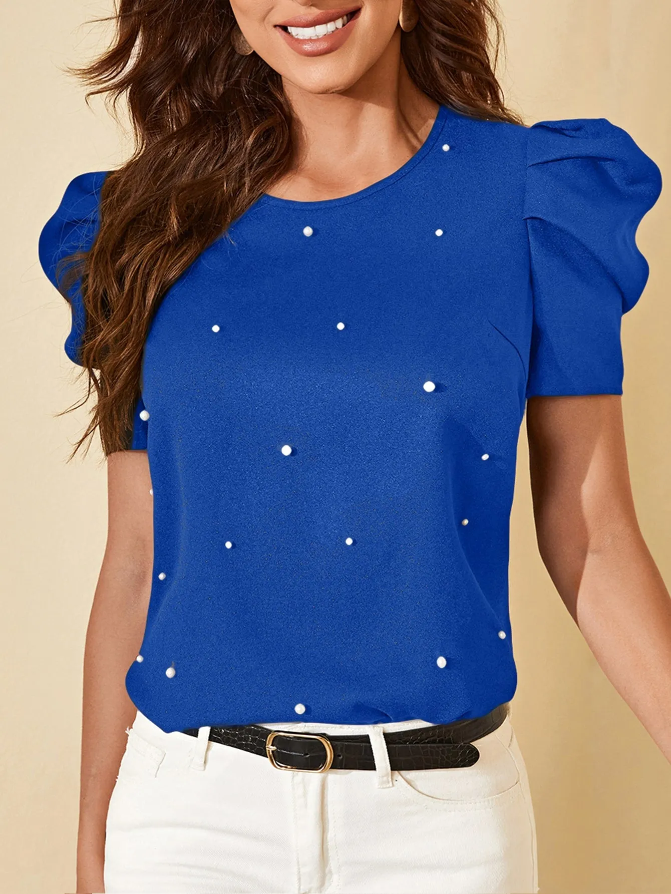 Solid Puff Sleeve Pearls Beaded Top