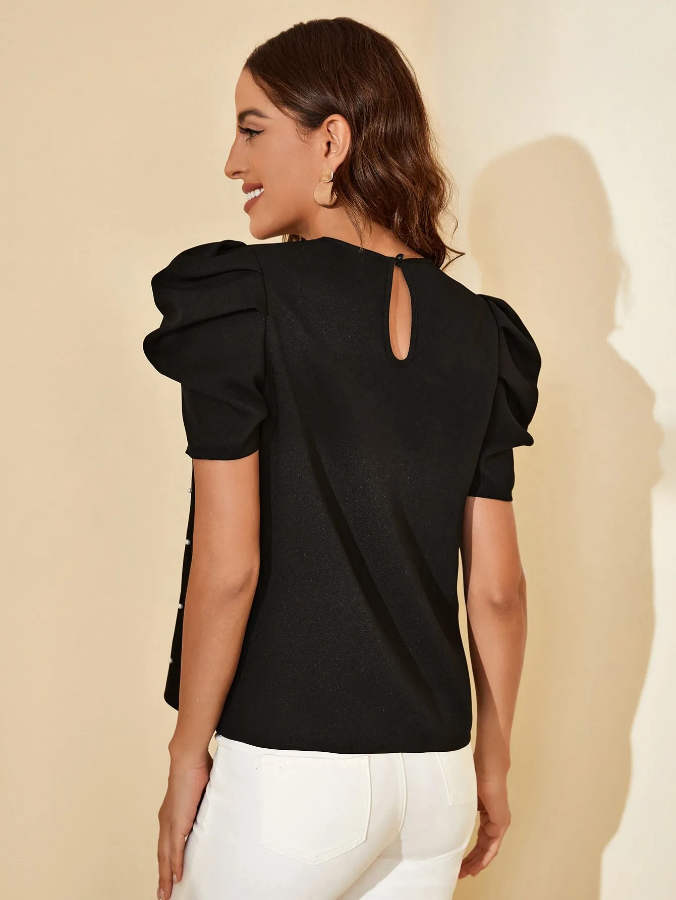 Solid Puff Sleeve Pearls Beaded Top