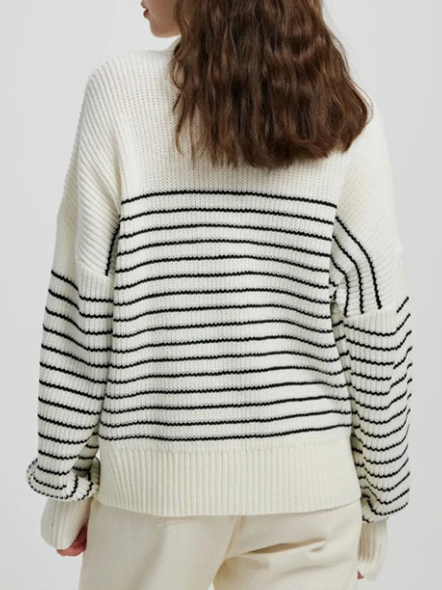 Striped Colorblock Turtleneck Long Sleeve Knit Sweater with Zipper