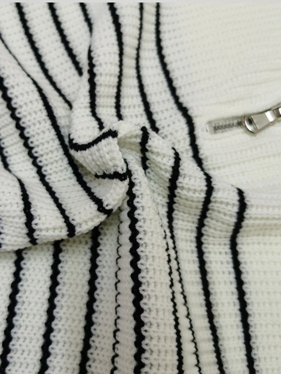 Striped Colorblock Turtleneck Long Sleeve Knit Sweater with Zipper